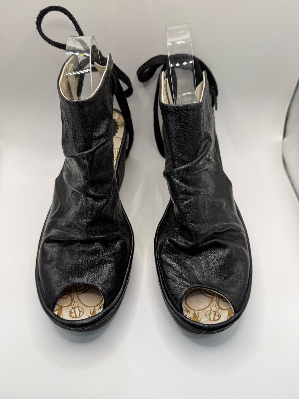Fly London Black Open-Toe Leather Platform Wedge peep toe Sandals
